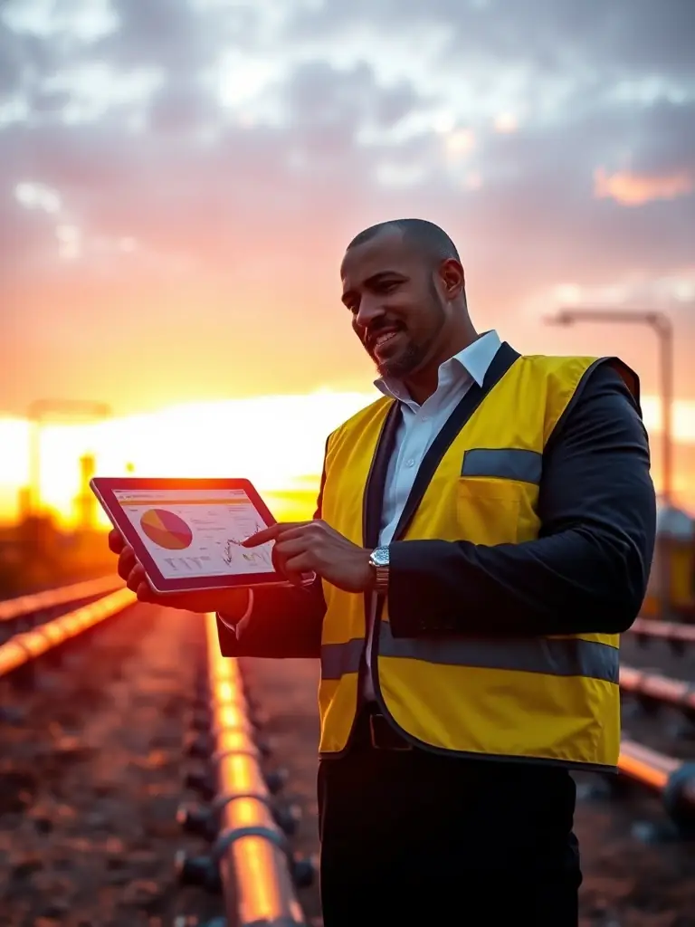 A sharply dressed professional in a hard hat, reviewing geological survey data on a tablet at a natural gas extraction site, bathed in the warm light of the setting sun.