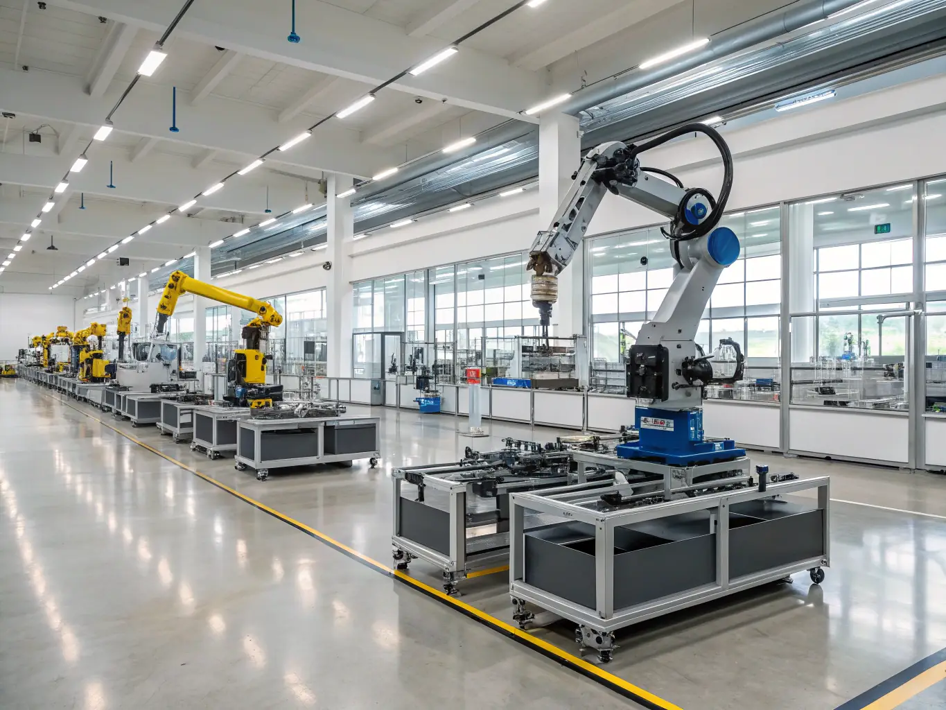 A modern factory floor with automated machinery and workers in a clean, organized environment, representing the industrial sector. The image should highlight efficiency and technological integration.