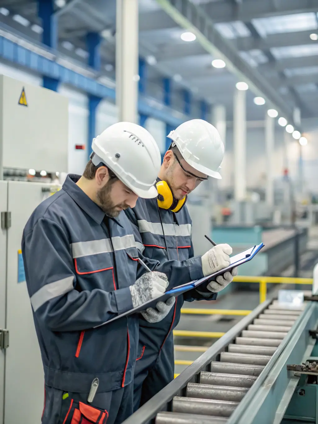 A diverse team of engineers and technicians collaborating on a factory floor, assembling advanced machinery with precision and focus.