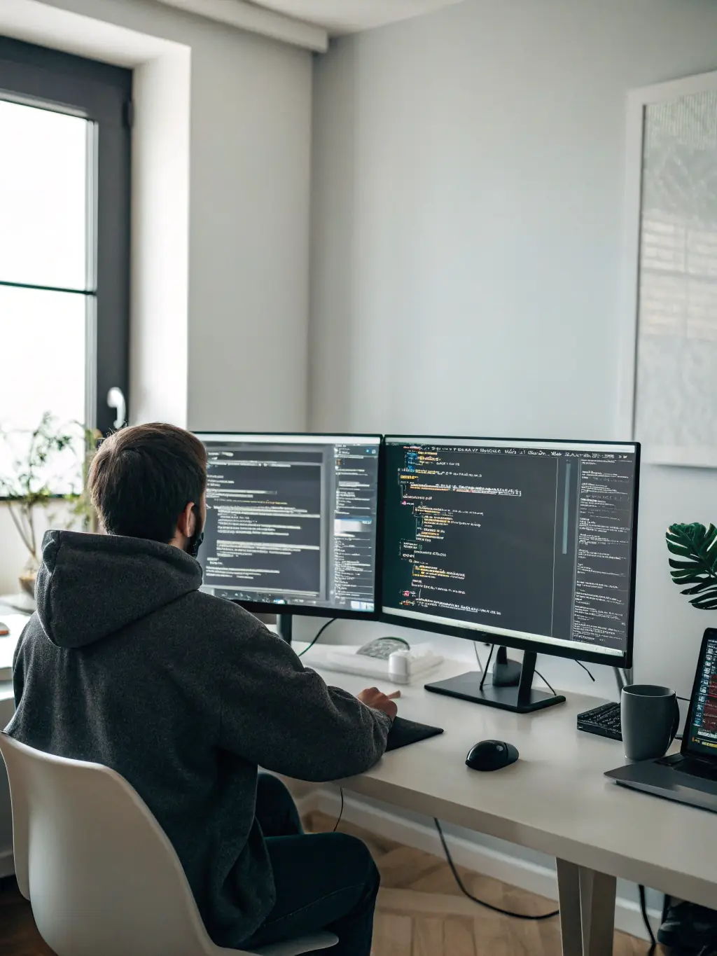 A software engineer working on lines of code, with multiple monitors displaying complex data visualizations and network diagrams.