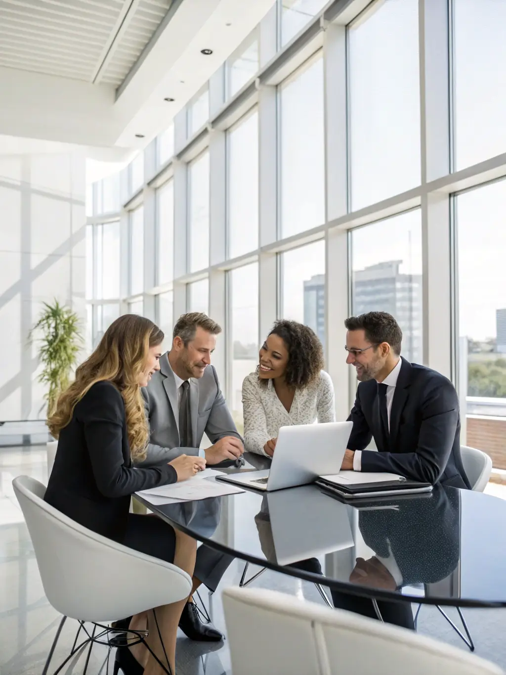 A group of executives in a modern office, reviewing market analysis reports and discussing strategic growth opportunities.