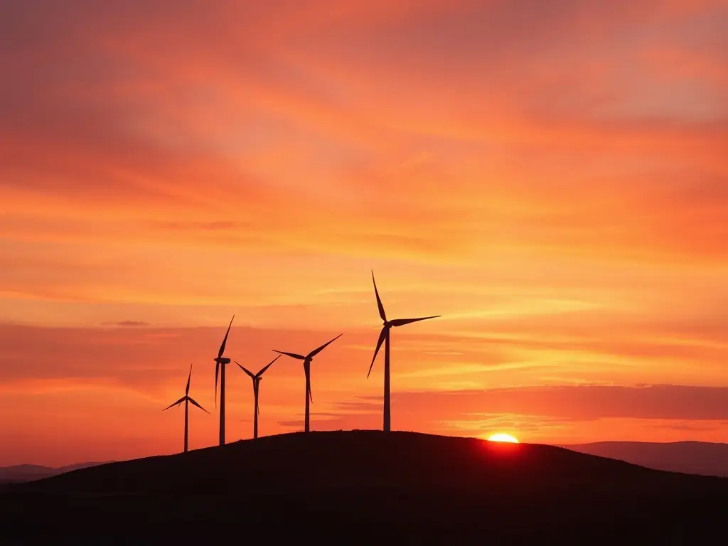 A photograph showcasing a wind turbine farm at sunset, representing the natural resources industry. The image should convey sustainability and technological advancement.