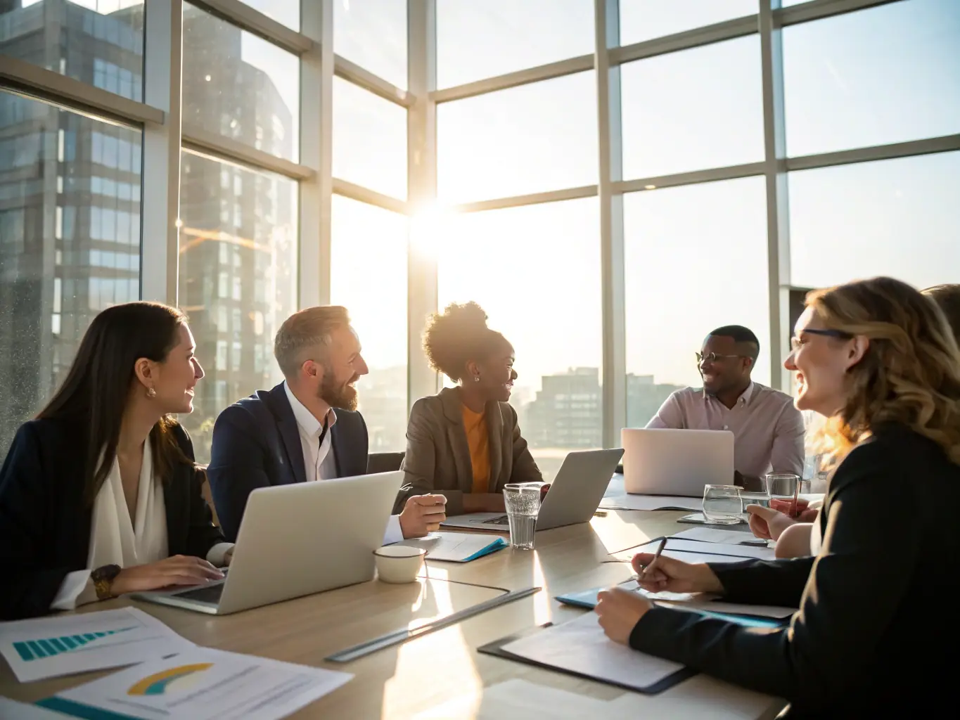 A diverse team of TEC Global Search consultants collaborating in a modern office, reviewing candidate profiles and discussing recruitment strategies, symbolizing their global reach and expertise.